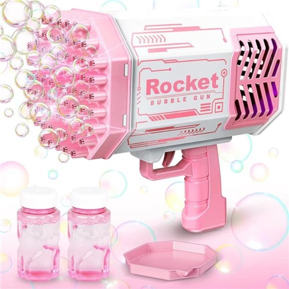 Upgraded Bubble Gun, Bubble Machine with Lights and Bubble Solution, 69 Holes